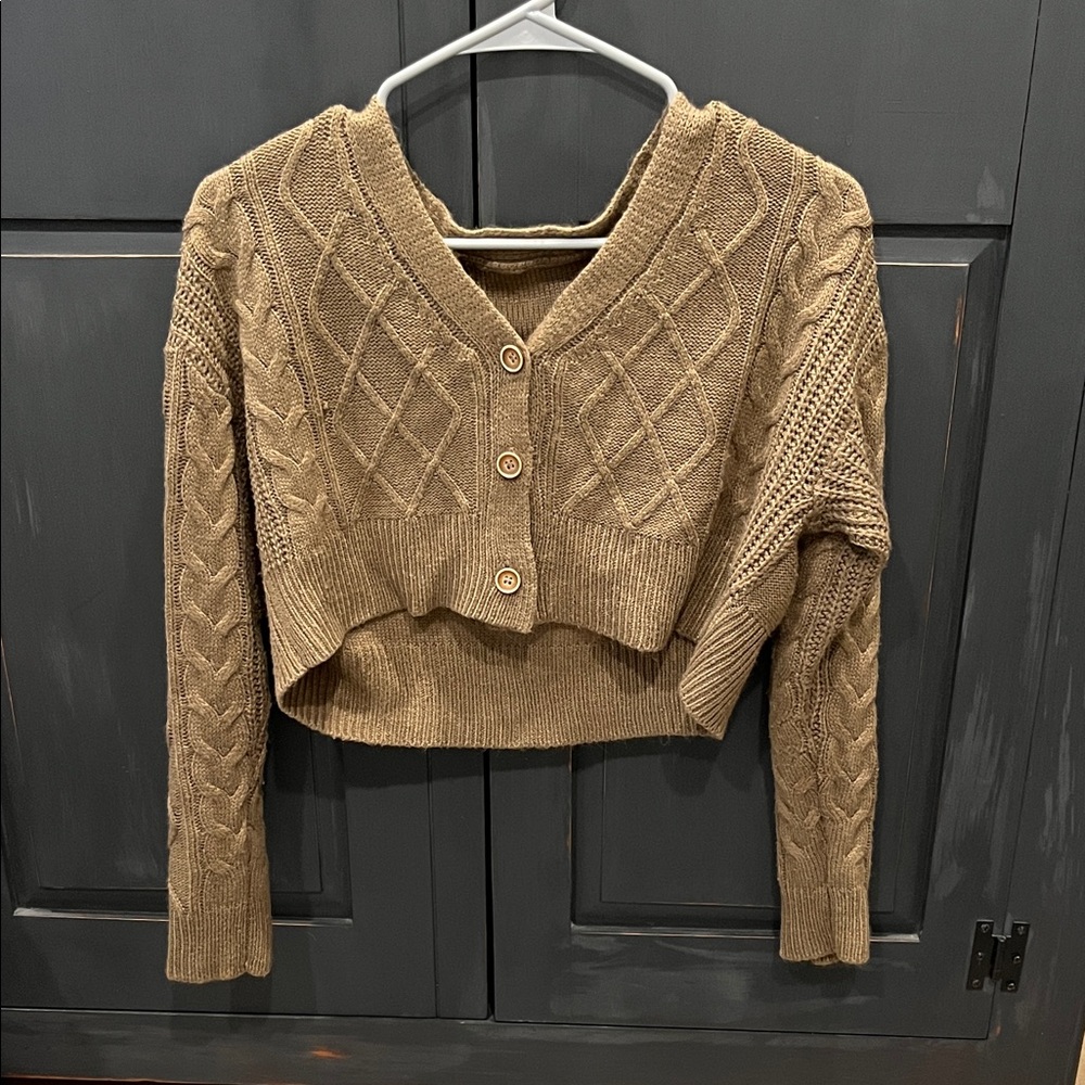 SHEIN Tan Cable Knit Cropped Cardigan